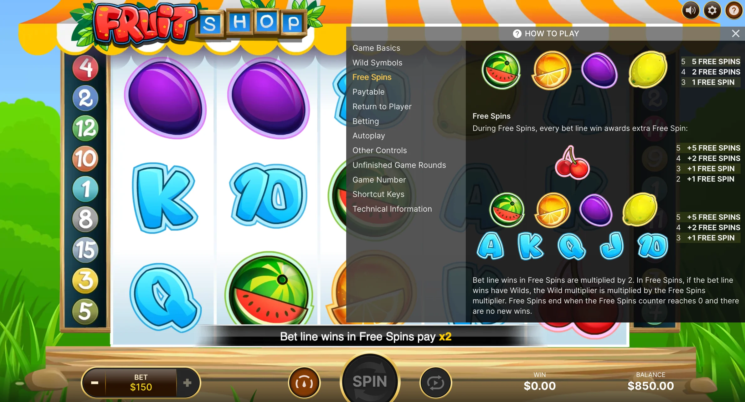 Free Spins info panel — how the multiplied payouts work during bonus rounds