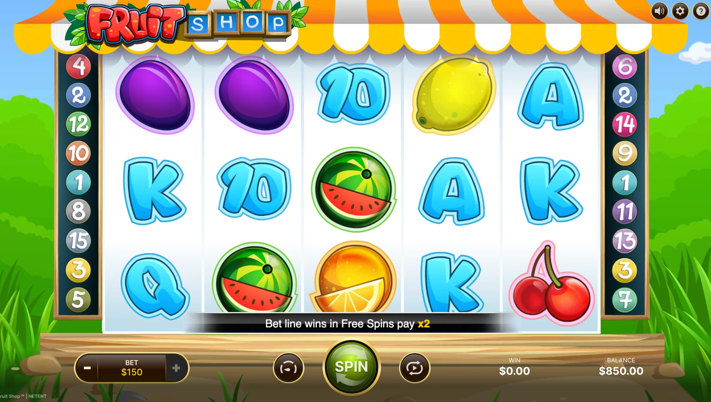 Fruit Shop slot interface — spin the reels with vibrant fruit symbols and win multiplied payouts